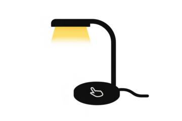 Modern black desk lamp with yellow light and touch icon isolated on transparent.