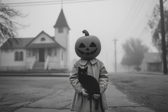 Misty vintage black and white Halloween horror scene with girl in pumpkin mask, black cat and church