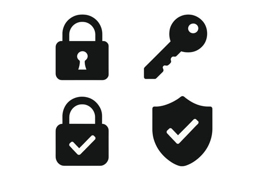 Security system vector icon collection. Padlock, key, verified lock and protection shield. Cybersecurity, data privacy, access, authentication and safety concept design.