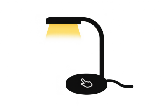 Modern black desk lamp with yellow light and touch icon isolated on transparent.