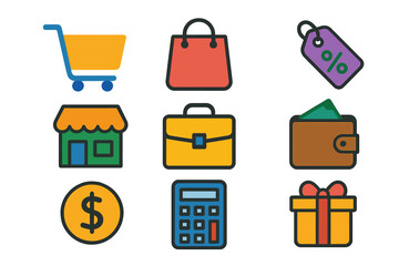 Shopping icon collection. Colorful flat design vector set for e-commerce and retail. Includes cart, bag, store, wallet, gift, discount tag. Business and finance symbols.
