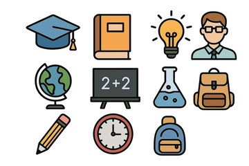 Education and school icon set. Back to school collection of vector elements. Symbols for learning, knowledge, university, and science. Colorful flat design graphic resources.