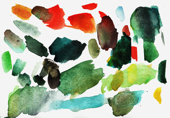 Vibrant brush strokes blend greens, reds, and blues in an abstract watercolor artwork. The varied shapes create a lively composition that captures attention.