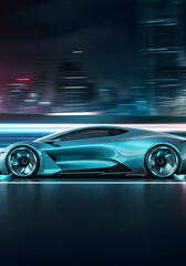 futuristic blue neon sports car driving fast in city at night with glowing design