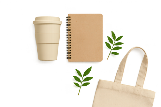 Eco-friendly reusable cup, notebook, leaves, and tote bag on transparent background