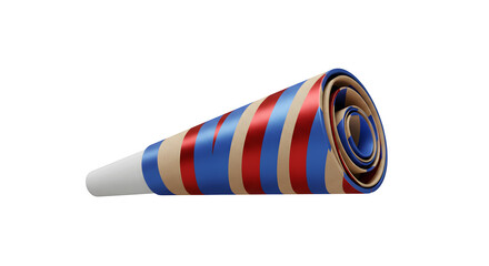 Fototapeta premium Red, blue, tan paper makes a party horn. Stripes run vertically. Great for birthday and celebration graphics.