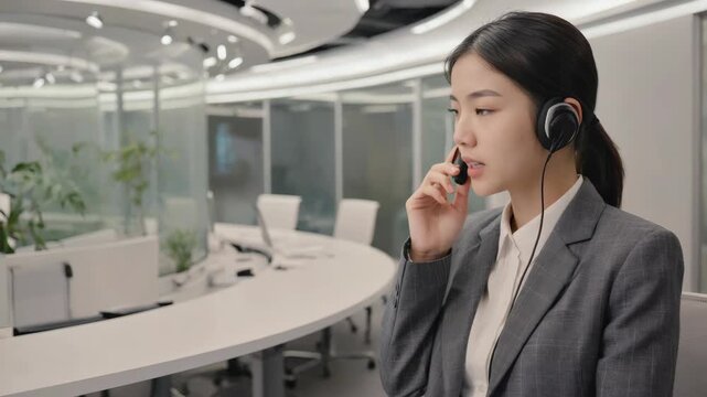 An Asian woman in a business suit using a headset, engaging in multilingual communication within an international corporate environment.