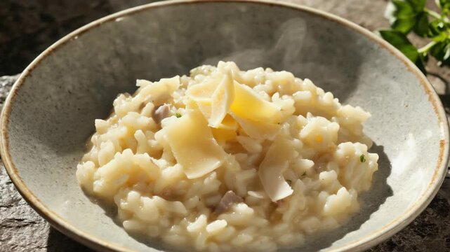 Creamy rice dish with shaved parmesan cheese.