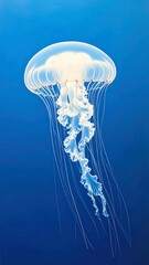Ethereal White Jellyfish Illuminated Against a Deep Blue Ocean Backdrop