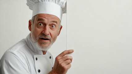 A culinary professional in a kitchen setting, pointing towards the camera with expression of pride and expertise.