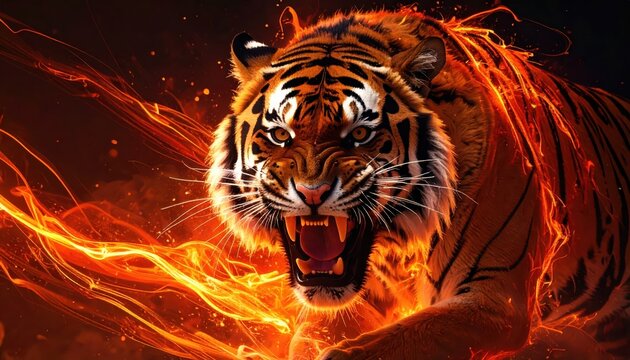 Roaring tiger in a dynamic pose, encircled by vibrant flames, showcasing an intense expression with visible teeth and a fierce gaze, set against a dark background with fiery details that create a...