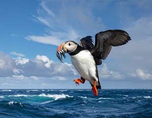A puffin in flight, carrying fish over the ocean against a blue sky
