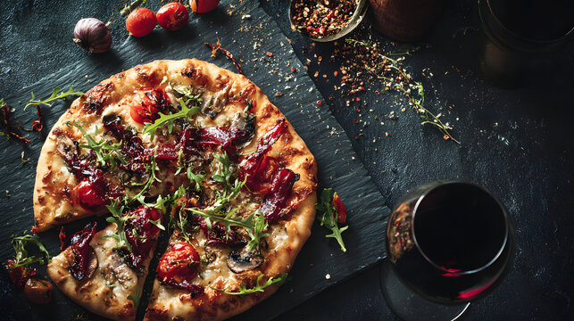 Indulge in a gourmet pizza experience with rich toppings and a glass of deep red wine, perfect for a sophisticated dining moment.