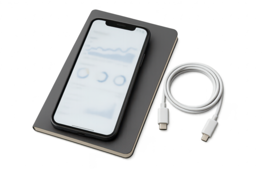 Modern smartphone on notebook with charging cable, isolated on transparent background