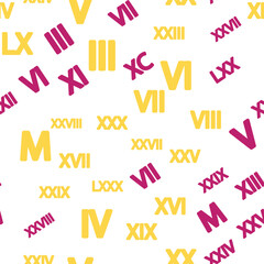 Seamless pattern with Roman numerals. Ten and twenty, thirty, forty, fifty, sixty, seventy, eighty and ninety. Algebra and geometry