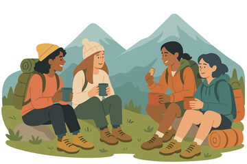 Fototapeta premium A youthful, varied group of women friends pausing their hike to enjoy hot beverages and snacks amid the mountains