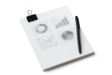 Business charts on papers, pen, clip, isolated on transparent background.