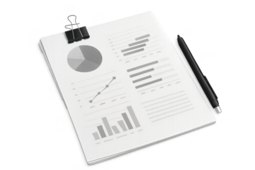 Business report documents with charts and pen isolated on transparent background