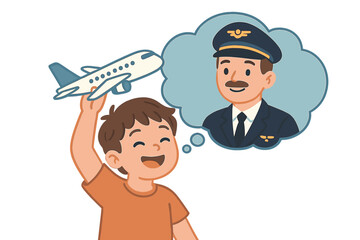 A cheerful child envisions traveling and playing with an airplane pilot