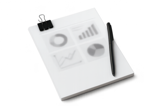 Business charts on papers, pen, clip, isolated on transparent background.