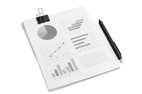 Business report documents with charts and pen isolated on transparent background