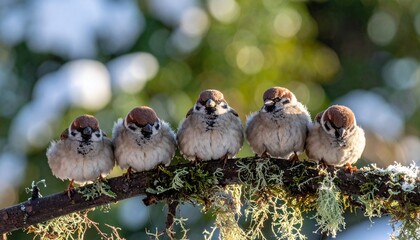 Five Fluffy Tree Sparrows Huddled Together on a Snowy, Mossy Branch in Warm Winter Sunlight
