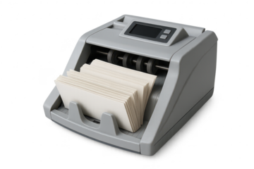 Grey money counter with stack of blank paper, isolated on transparent background.