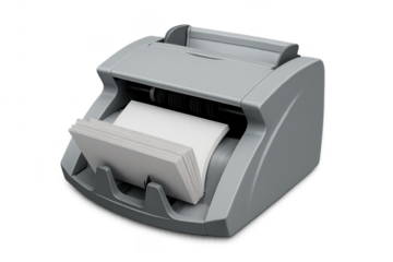 Grey money bill counter machine with paper stack, isolated on transparent background