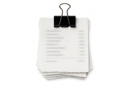 Stack of blurred paper receipts with binder clip isolated on transparent background