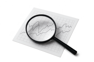 Magnifying glass on business graph, financial analysis isolated on transparent background.