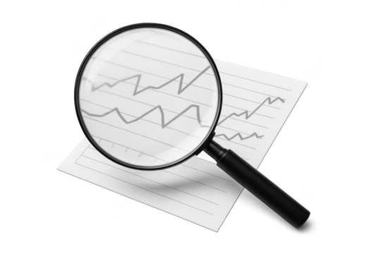 Magnifying glass over business graphs, isolated on transparent background.