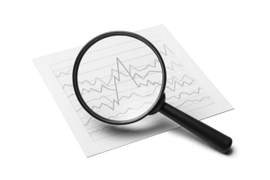 Magnifying glass on financial data, isolated on transparent background