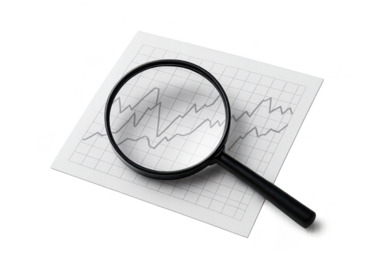 Magnifying glass on business graph, financial analysis isolated on transparent background. - Powered by Adobe