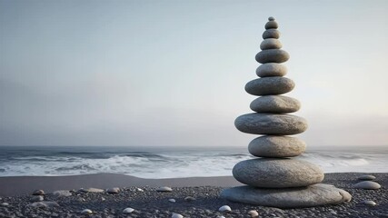 Stack of flat rocks forming a balanced structure on the shore. The conveys serenity and harmony with nature.