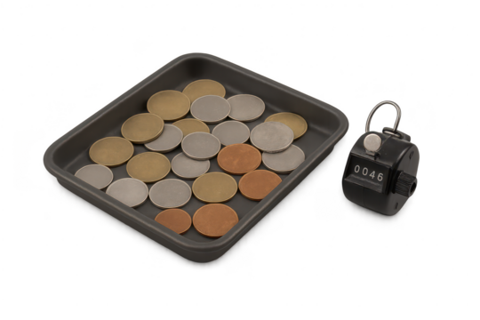 Assorted coins and tally counter in tray, isolated on transparent background.