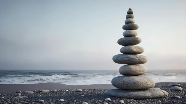 Stack of flat rocks forming a balanced structure on the shore. The conveys serenity and harmony with nature.