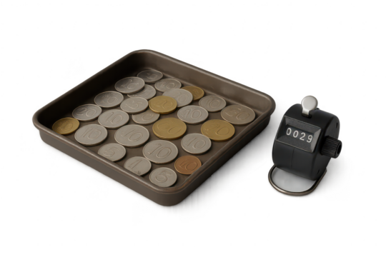 Money counting concept: coins and tally counter, isolated on transparent background