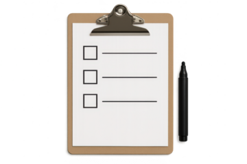 Clipboard with checklist and pen isolated on transparent background. Mockup.
