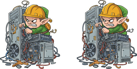 Angry elf, computer chaos, tangled wires, tech frustration, cartoon character, hardware mess, digital overload, repair scene, fantasy technician, comic stress