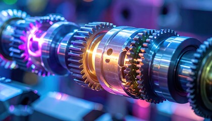 Detailed  view showcases a mechanical arrangement of interconnected gears, emphasizing precision engineering with a vibrant display of light and color in a dynamic technological composition.