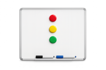 Whiteboard with color magnets isolated on transparent background for design.