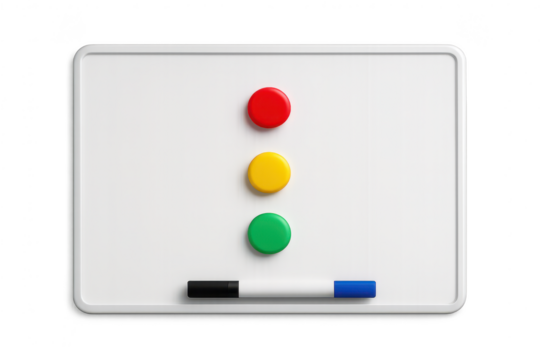 Whiteboard with colored magnets and marker isolated on transparent background. - Powered by Adobe