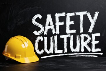 Yellow hard hat beside bold white 'Safety Culture' text on black background, emphasizing workplace safety and protection.