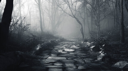 Misty forest pathway with cobblestone road surrounded by trees and fog creating a mysterious atmosphere