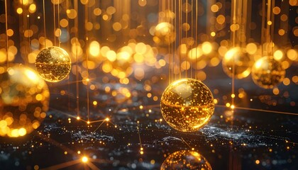 Illuminating golden spheres suspended from above, radiating a warm and inviting glow, their surfaces dotted with shimmering lights, creating a captivating abstract design with soft bokeh in the...