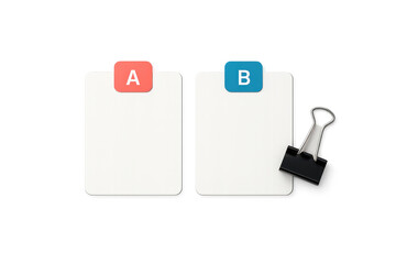 Two whiteboards A and B with binder clip isolated on transparent background