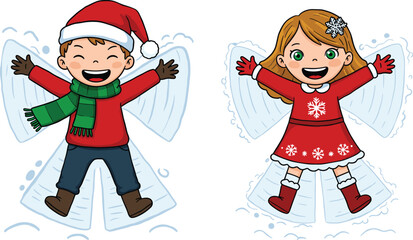Christmas kids, snow angels, festive play, winter fun, cartoon children, Santa hats, holiday activity, cheerful scene, seasonal joy, snowy illustration