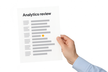 Hand holding a report titled 'Analytics review' on transparent background.
