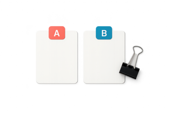 Two whiteboards A and B with binder clip isolated on transparent background