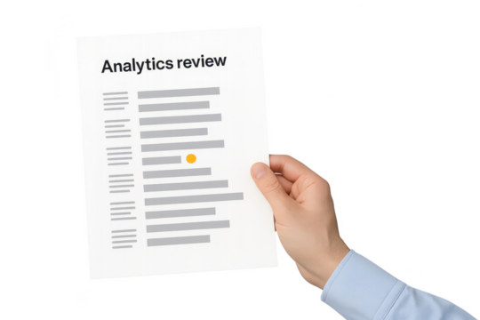 Hand holding a report titled 'Analytics review' on transparent background.
